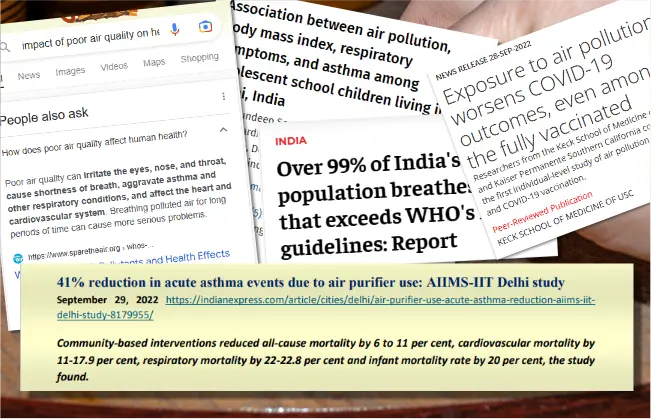 Collage of various news 
                              on pollution and its effects. Over 99% (percent) Indians breath unsafe air. Air Pollution worsens covid-19.
                              41% reduction in acute asthma events with air purifiers.